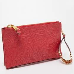 Pre Owned Moschino Red Embroidered Logo Leather Wristlet Clutch
