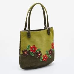 Pre Owned Moschino Two Tone Green Alcantara Embroidered Flowers Hobo