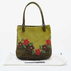 Pre Owned Moschino Two Tone Green Alcantara Embroidered Flowers Hobo