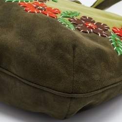 Pre Owned Moschino Two Tone Green Alcantara Embroidered Flowers Hobo