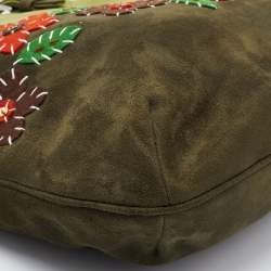 Pre Owned Moschino Two Tone Green Alcantara Embroidered Flowers Hobo