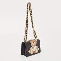 Pre Owned Moschino Black Leather Teddy Bear Tab Crossbody Bag