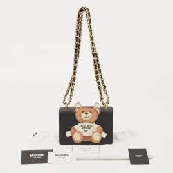 Pre Owned Moschino Black Leather Teddy Bear Tab Crossbody Bag