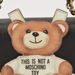 Pre Owned Moschino Black Leather Teddy Bear Tab Crossbody Bag