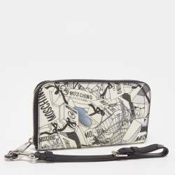 Pre Owned Moschino Black/White Printed Coated Canvas and Leather Zip Around Wristlet Wallet