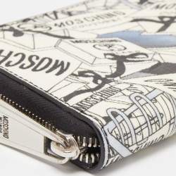 Pre Owned Moschino Black/White Printed Coated Canvas and Leather Zip Around Wristlet Wallet