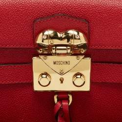 Pre Owned Moschino Red Leather Heart Clasp Flap Top Handle Bag