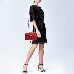 Pre Owned Moschino Red Leather Heart Clasp Flap Top Handle Bag