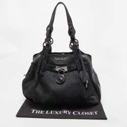 Pre Owned Moschino Black Jacquard Canvas and Patent Leather Padlock Hobo