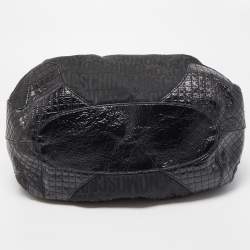 Pre Owned Moschino Black Jacquard Canvas and Patent Leather Padlock Hobo