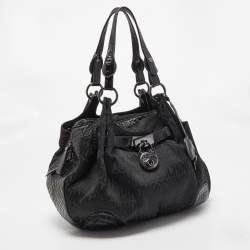Pre Owned Moschino Black Jacquard Canvas and Patent Leather Padlock Hobo