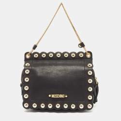 Pre Owned Moschino Black Leather Studded Flap Shoulder Bag