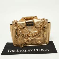 Pre Owned Moschino Gold Leather Large Capsule Biker Jacket Shoulder Bag