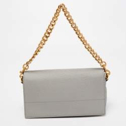 Pre Owned Moschino Grey Grained Leather Logo Flap Chain Clutch