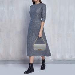 Pre Owned Moschino Grey Grained Leather Logo Flap Chain Clutch