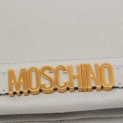 Pre Owned Moschino Grey Grained Leather Logo Flap Chain Clutch