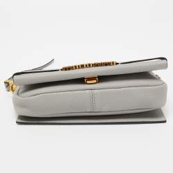 Pre Owned Moschino Grey Grained Leather Logo Flap Chain Clutch