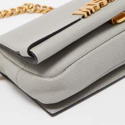 Pre Owned Moschino Grey Grained Leather Logo Flap Chain Clutch