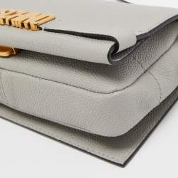 Pre Owned Moschino Grey Grained Leather Logo Flap Chain Clutch