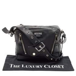 Pre Owned Moschino Black Leather Multi Zip Shoulder Bag