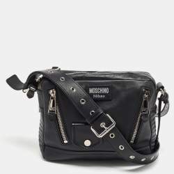 Pre Owned Moschino Black Leather Multi Zip Shoulder Bag