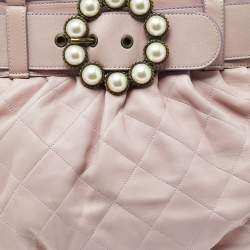 Pre Owned Moschino Pink Quilted Leather Pearl Embellished Satchel