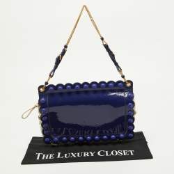 Pre Owned Moschino Purple/White Patent and Leather Studded Flap Shoulder Bag