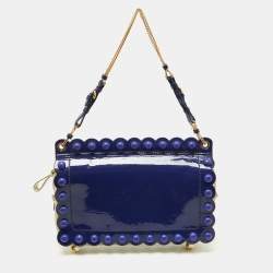 Pre Owned Moschino Purple/White Patent and Leather Studded Flap Shoulder Bag