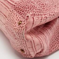 Pre Owned Moschino Pink Croc Embossed Leather Bow Flap Bag