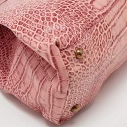 Pre Owned Moschino Pink Croc Embossed Leather Bow Flap Bag