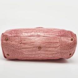 Pre Owned Moschino Pink Croc Embossed Leather Bow Flap Bag