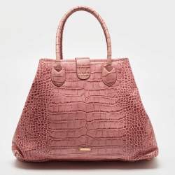 Pre Owned Moschino Pink Croc Embossed Leather Bow Flap Bag