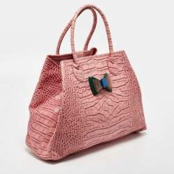 Pre Owned Moschino Pink Croc Embossed Leather Bow Flap Bag