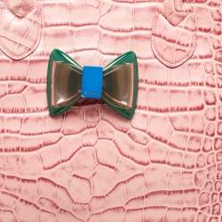 Pre Owned Moschino Pink Croc Embossed Leather Bow Flap Bag