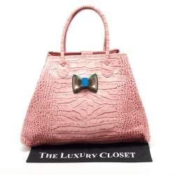 Pre Owned Moschino Pink Croc Embossed Leather Bow Flap Bag