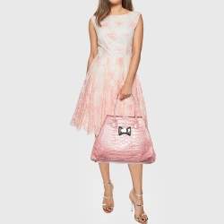 Pre Owned Moschino Pink Croc Embossed Leather Bow Flap Bag