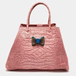 Pre Owned Moschino Pink Croc Embossed Leather Bow Flap Bag