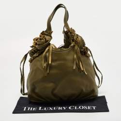Pre Owned Moschino Green Leather and Satin Floral Applique Drawstring Bag   
