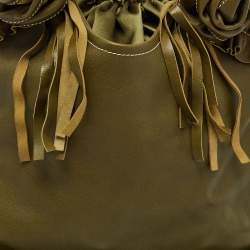 Pre Owned Moschino Green Leather and Satin Floral Applique Drawstring Bag   