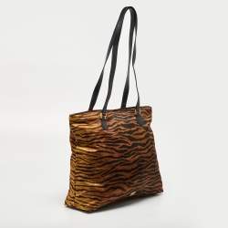 Moschino Brown/Black Zebra Print Fabric and Leather Zip Tote