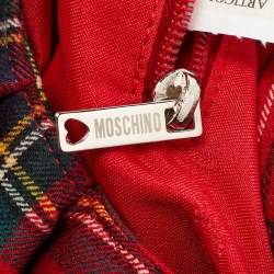 Pre Owned Moschino Red Plaid Wool and Leather Floral Applique Baguette Bag