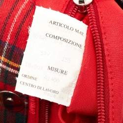 Pre Owned Moschino Red Plaid Wool and Leather Floral Applique Baguette Bag