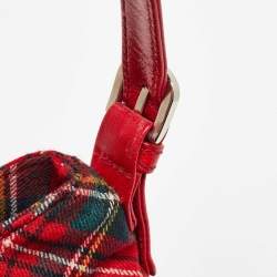 Pre Owned Moschino Red Plaid Wool and Leather Floral Applique Baguette Bag