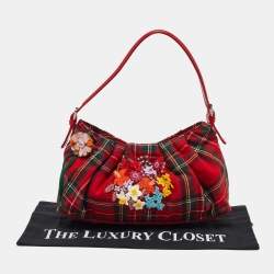 Pre Owned Moschino Red Plaid Wool and Leather Floral Applique Baguette Bag