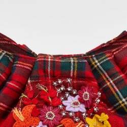 Pre Owned Moschino Red Plaid Wool and Leather Floral Applique Baguette Bag