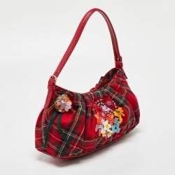Pre Owned Moschino Red Plaid Wool and Leather Floral Applique Baguette Bag