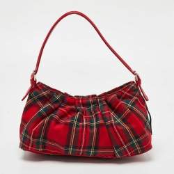 Pre Owned Moschino Red Plaid Wool and Leather Floral Applique Baguette Bag