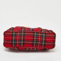 Pre Owned Moschino Red Plaid Wool and Leather Floral Applique Baguette Bag
