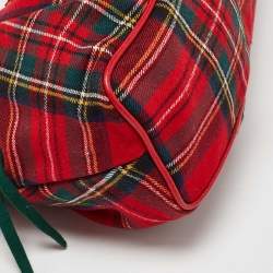 Pre Owned Moschino Red Plaid Wool and Leather Floral Applique Baguette Bag