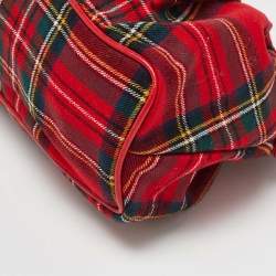 Pre Owned Moschino Red Plaid Wool and Leather Floral Applique Baguette Bag